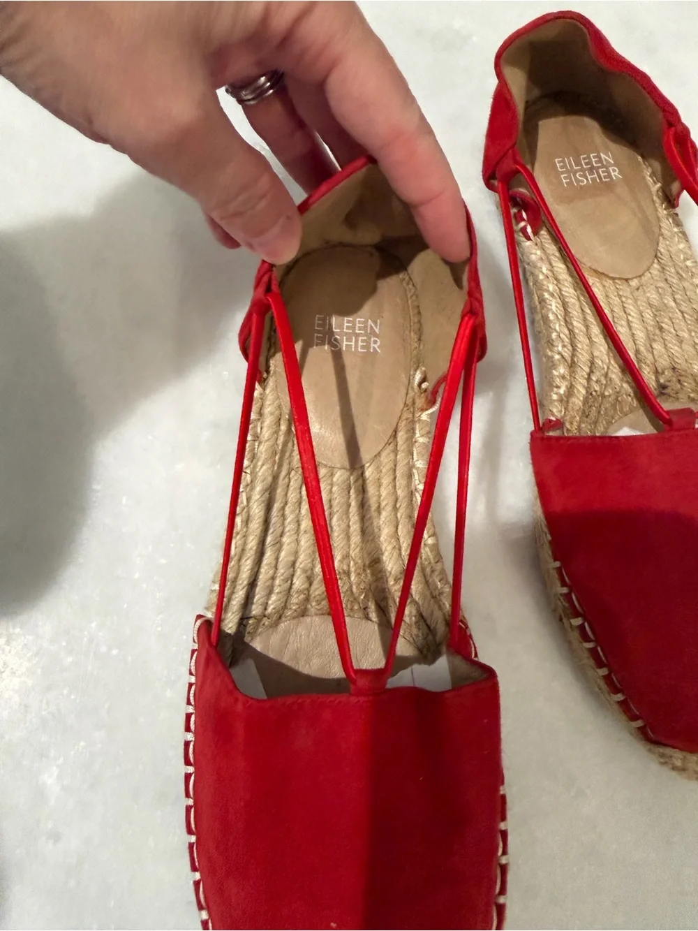 Eileen Fisher Red Suede Espadrille Flats with Ankle Straps